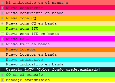 Tabla colores WSJT X v3.0.2